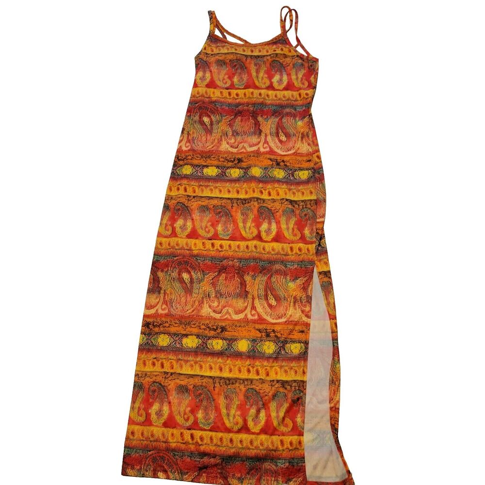 Auqa Blues Dress Womens Medium‎ Maxi Orange Paisley Geometric Stretch Sleeveless